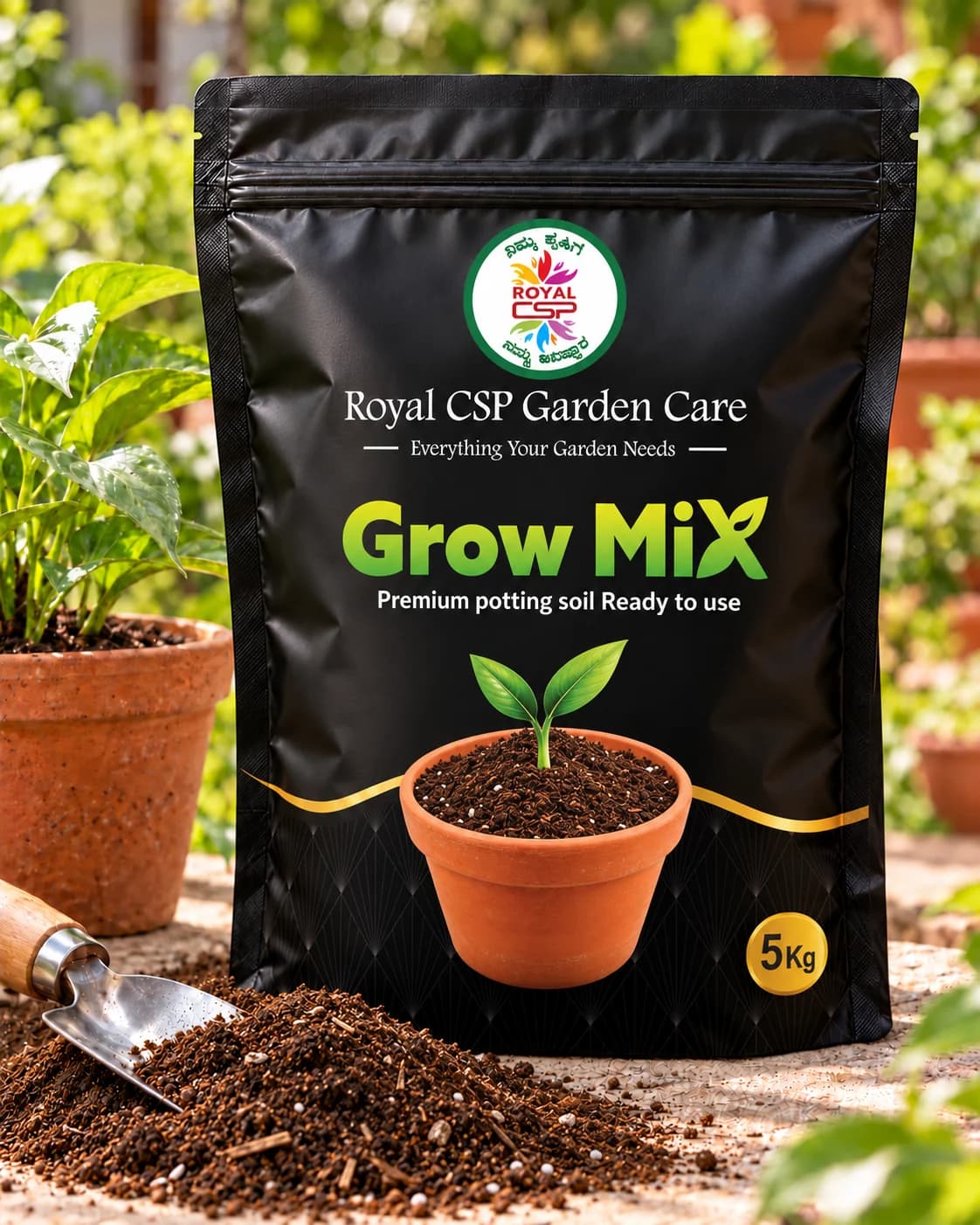 Royal CSP Grow Mix 5 kg potting soil pouch beside terracotta pots and a trowel