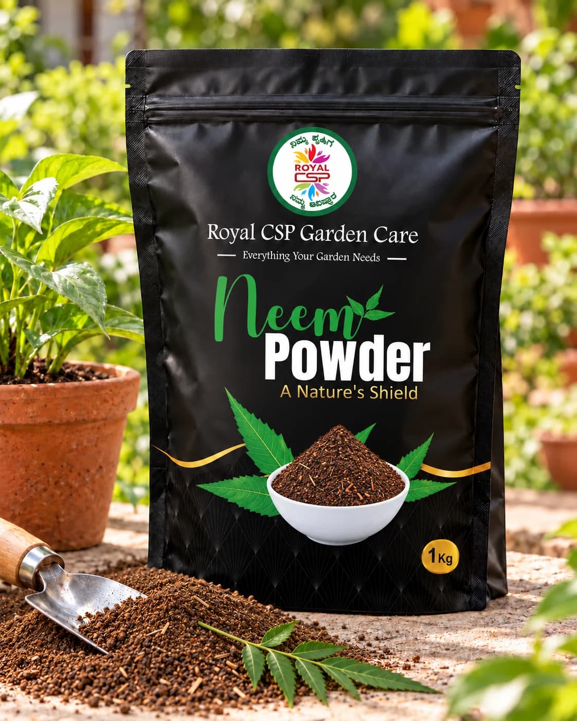 Royal CSP Neem Powder 1 kg pouch with neem leaves and a trowel of neem powder