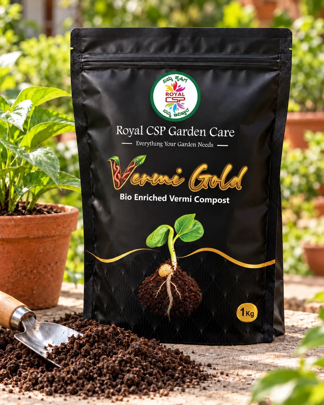 Royal CSP Vermi Gold 1 kg vermicompost pouch beside a terracotta pot and a trowel of compost