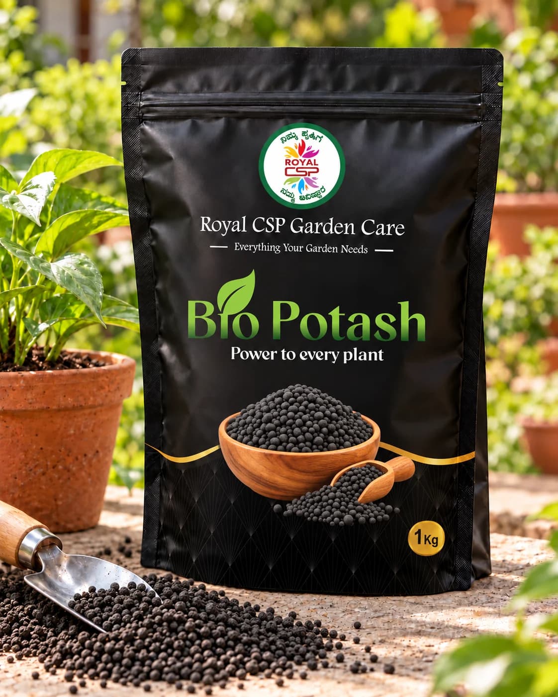 Royal CSP Bio Potash 1 kg pouch with a bowl of organic potash granules