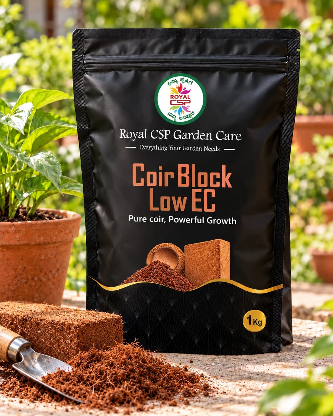Royal CSP Coir Block Low EC 1 kg pouch with a coir brick and loose coco peat