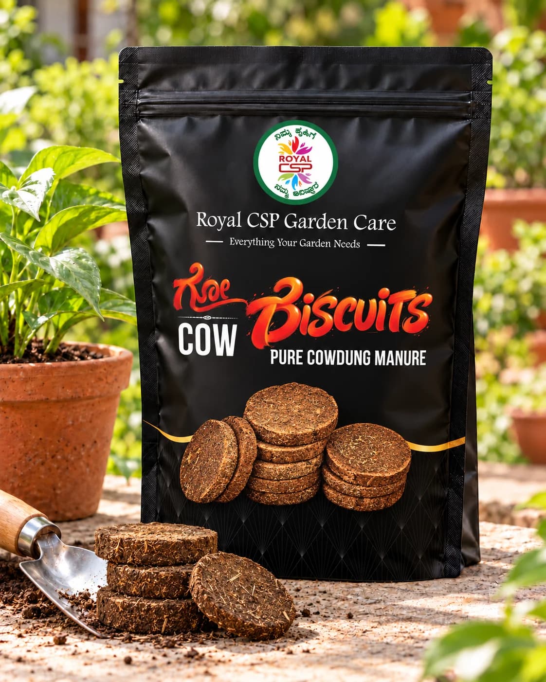 Royal CSP Cow Biscuits pure cow dung manure pouch with stacked manure cakes