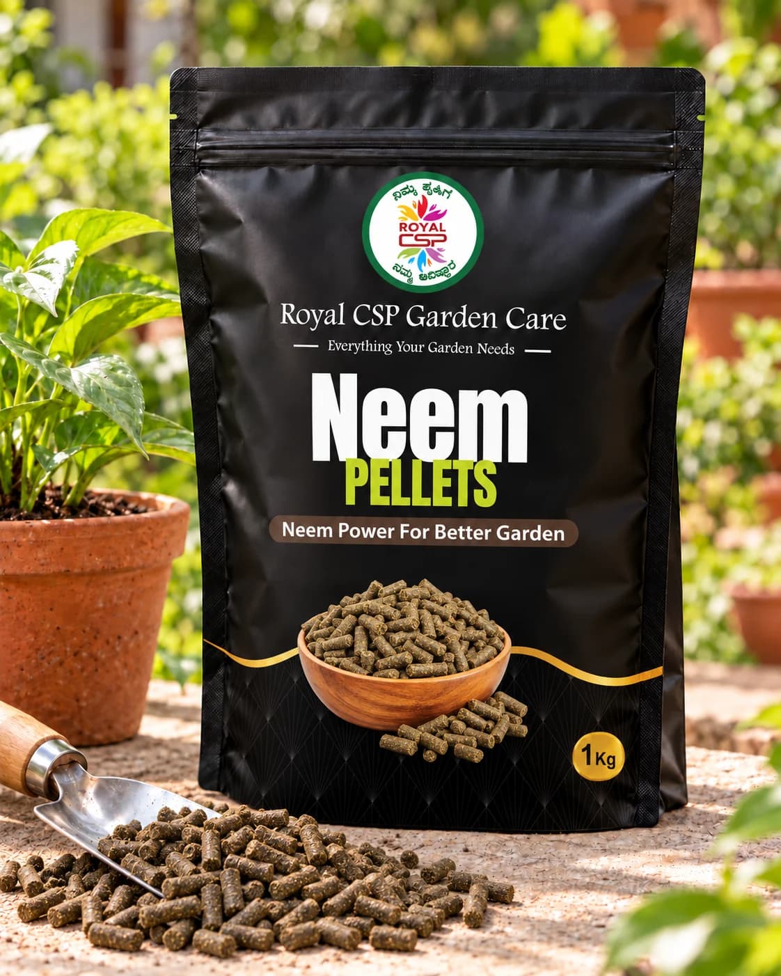 Royal CSP Neem Pellets 1 kg pouch with a bowl of neem pellets