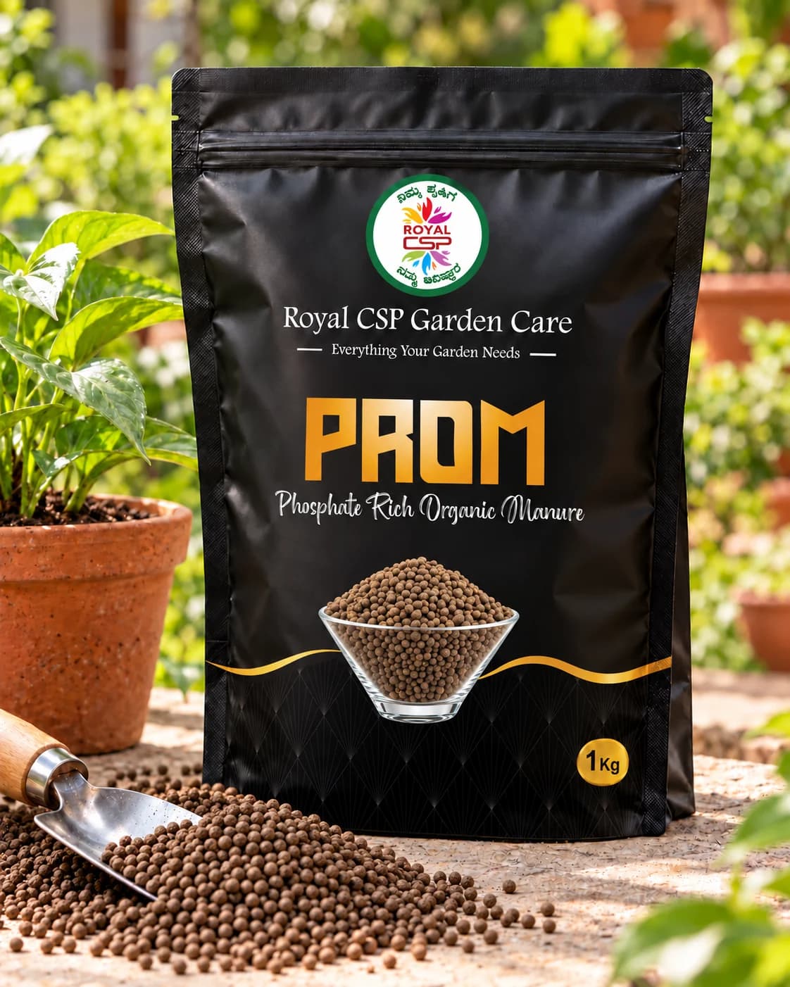 Royal CSP PROM phosphate rich organic manure 1 kg pouch on a terrace